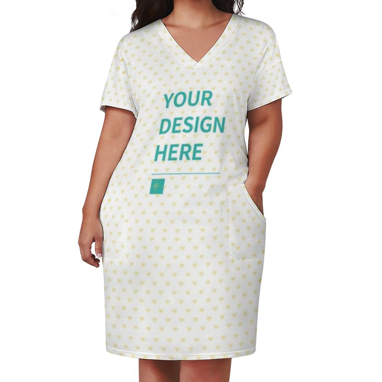 Customizable white summer dress with pockets, heart pattern, and 'Your Design Here' text - MyArtsyGift