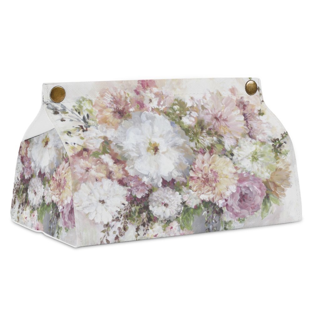 Floral PU tissue box cover, rectangular facial tissue holder for home or office, stylish design.