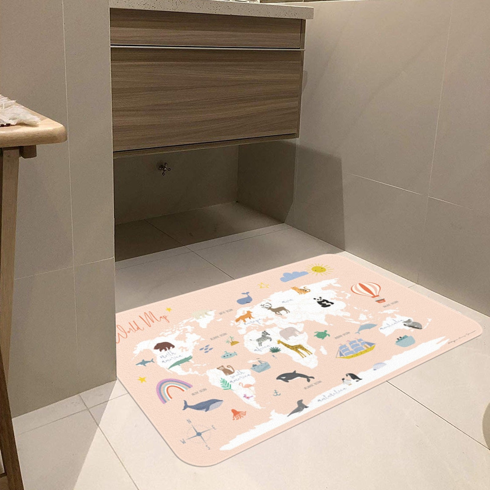 World Map doormat with cute animal illustrations for indoor/outdoor use, rubber floor mat for bathroom decoration.