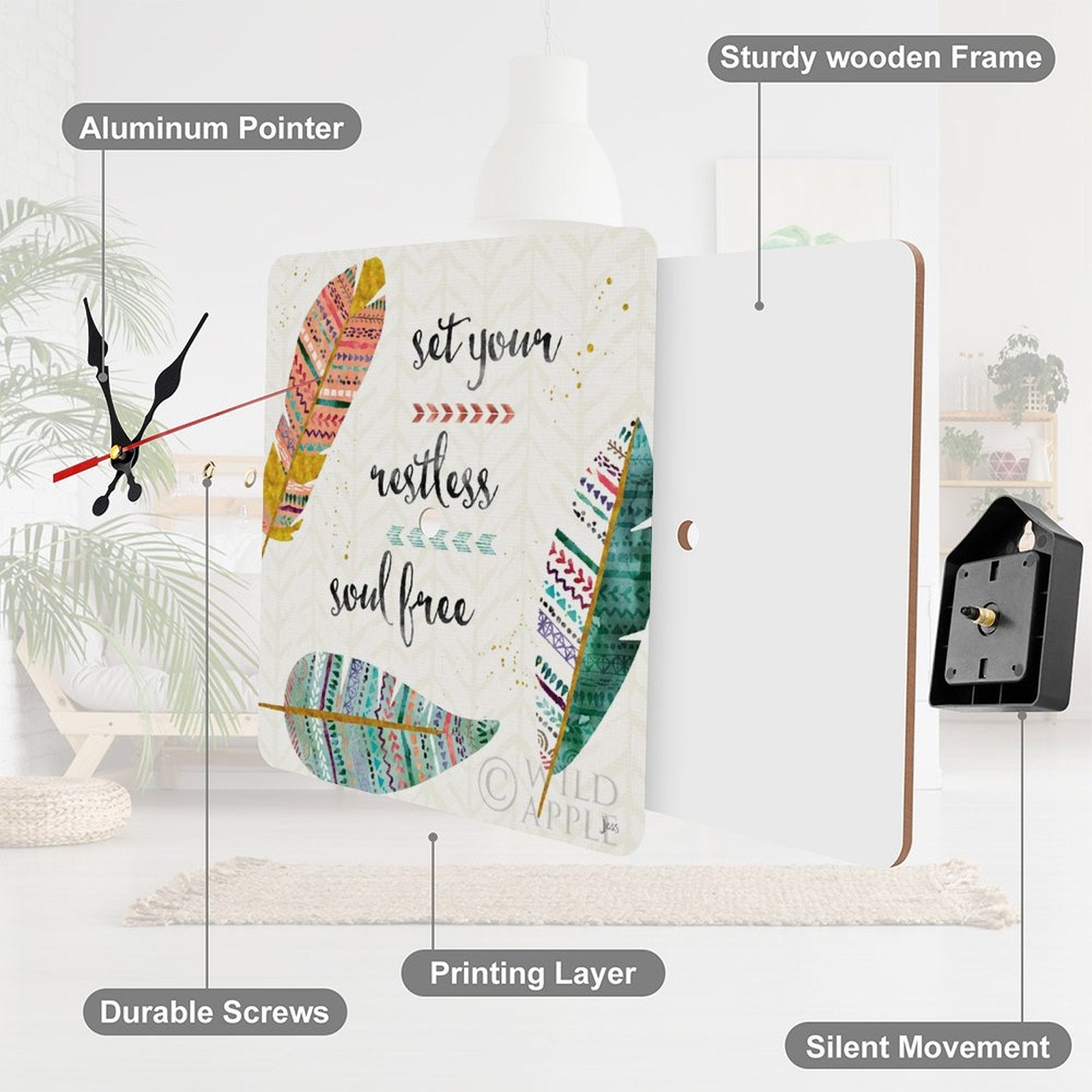 Square wooden wall clock with feather design and quote "Set Your Restless Soul Free", home decor gift.
