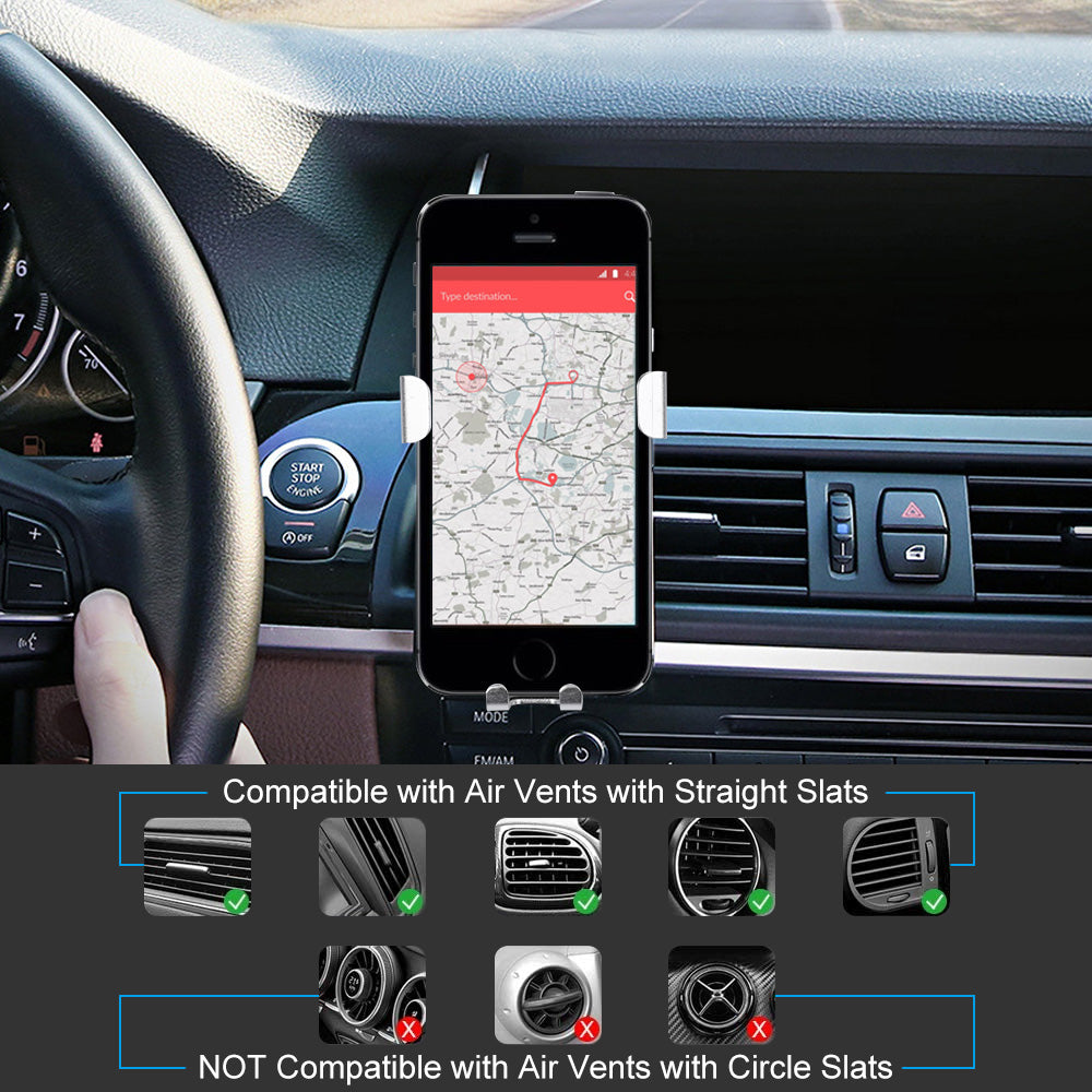 Car phone mount displaying navigation, compatible with straight air vent, black aluminum alloy material. MyArtsyGift.