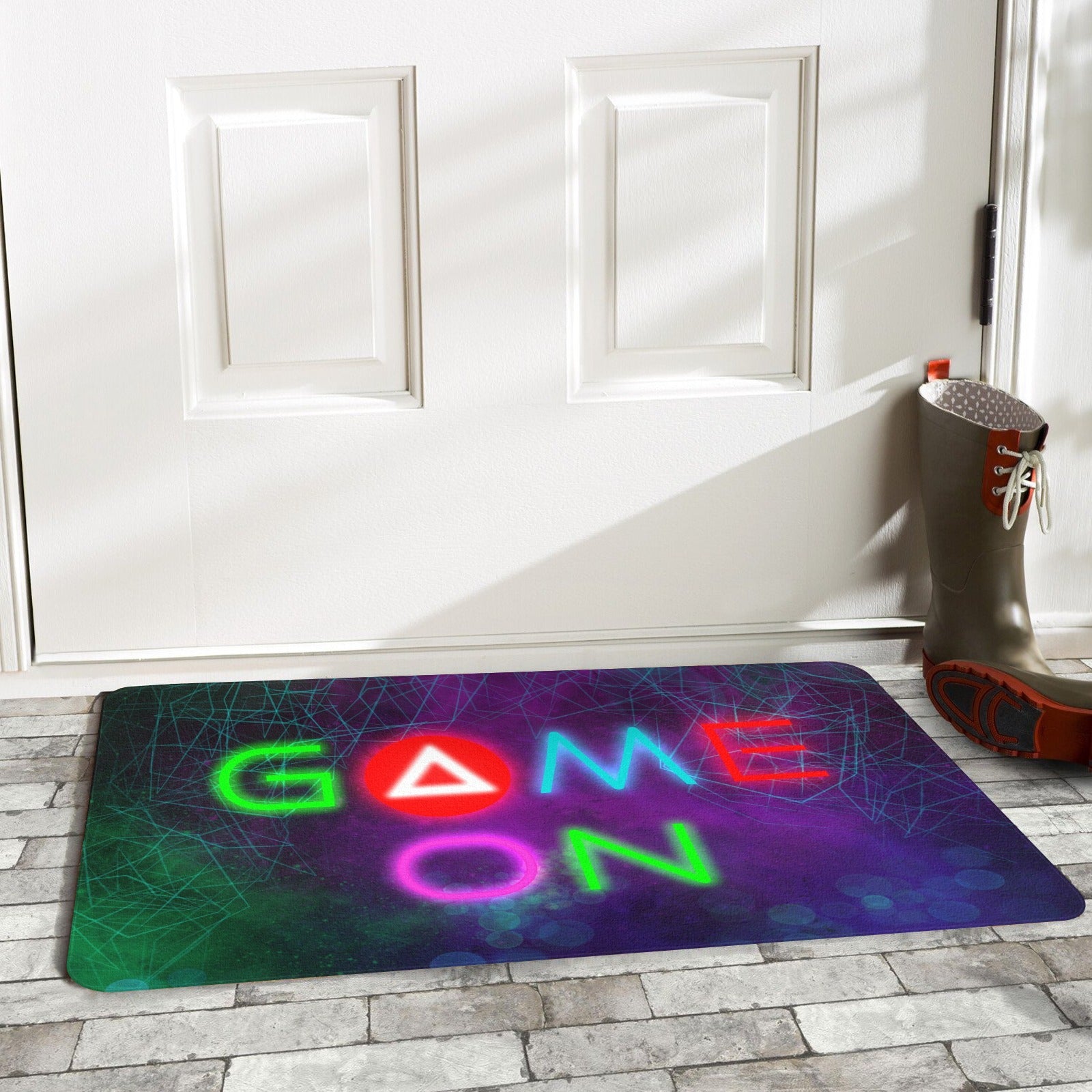 Game On doormat, neon game design entrance mat, indoor/outdoor rubber floor mat.