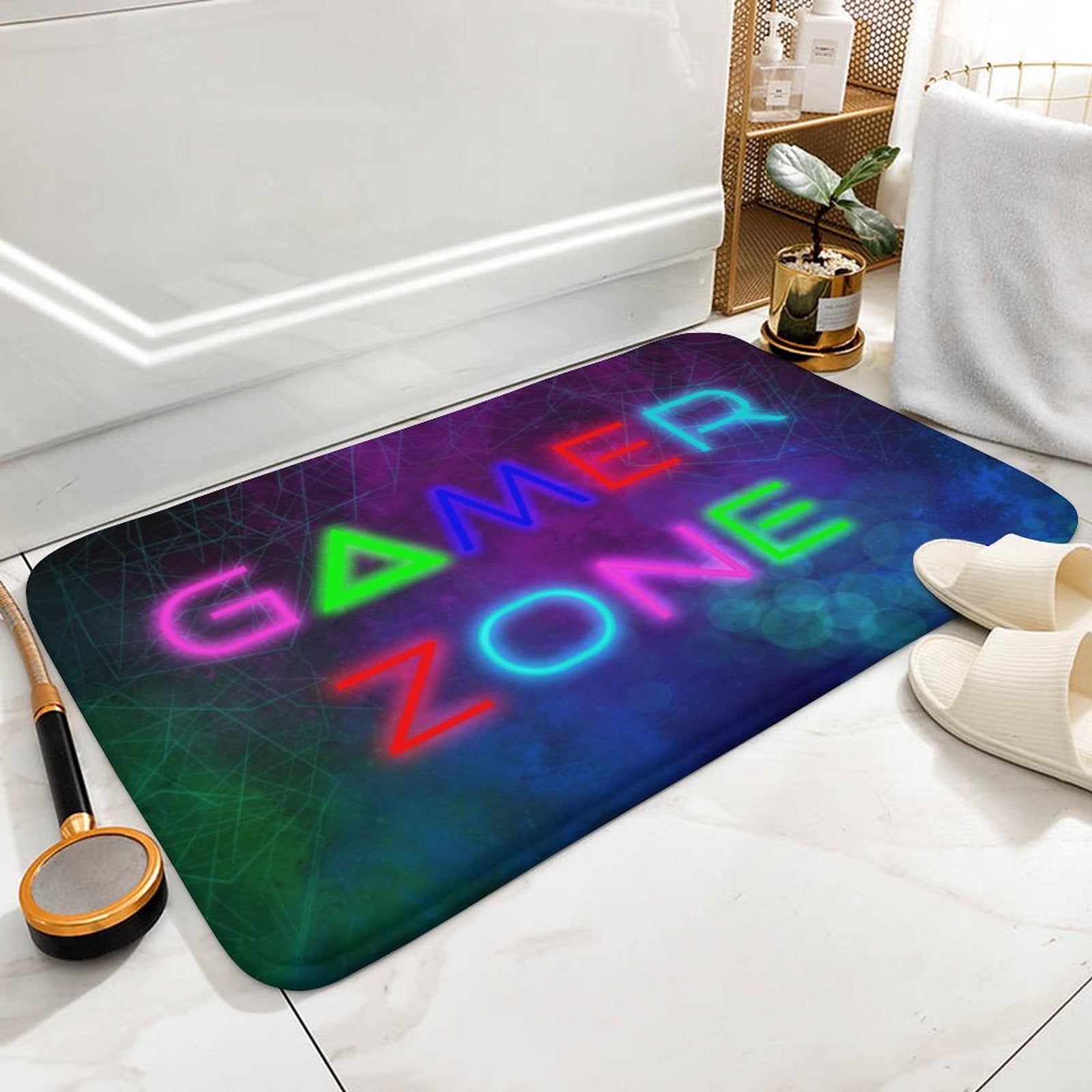 Gamer Zone coral velvet bath rug with neon lights, non-slip floor carpet