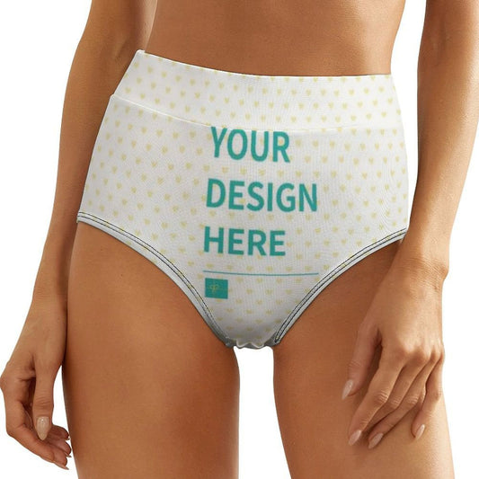 Customizable women's high-waisted breathable underwear with "YOUR DESIGN HERE" text and a heart pattern