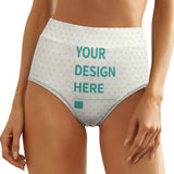 Customizable women's high-waisted breathable underwear with "YOUR DESIGN HERE" text and a heart pattern