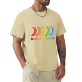 Men's beige crew neck t-shirt with rainbow banana graphic, comfortable cotton tee, MyArtsyGift