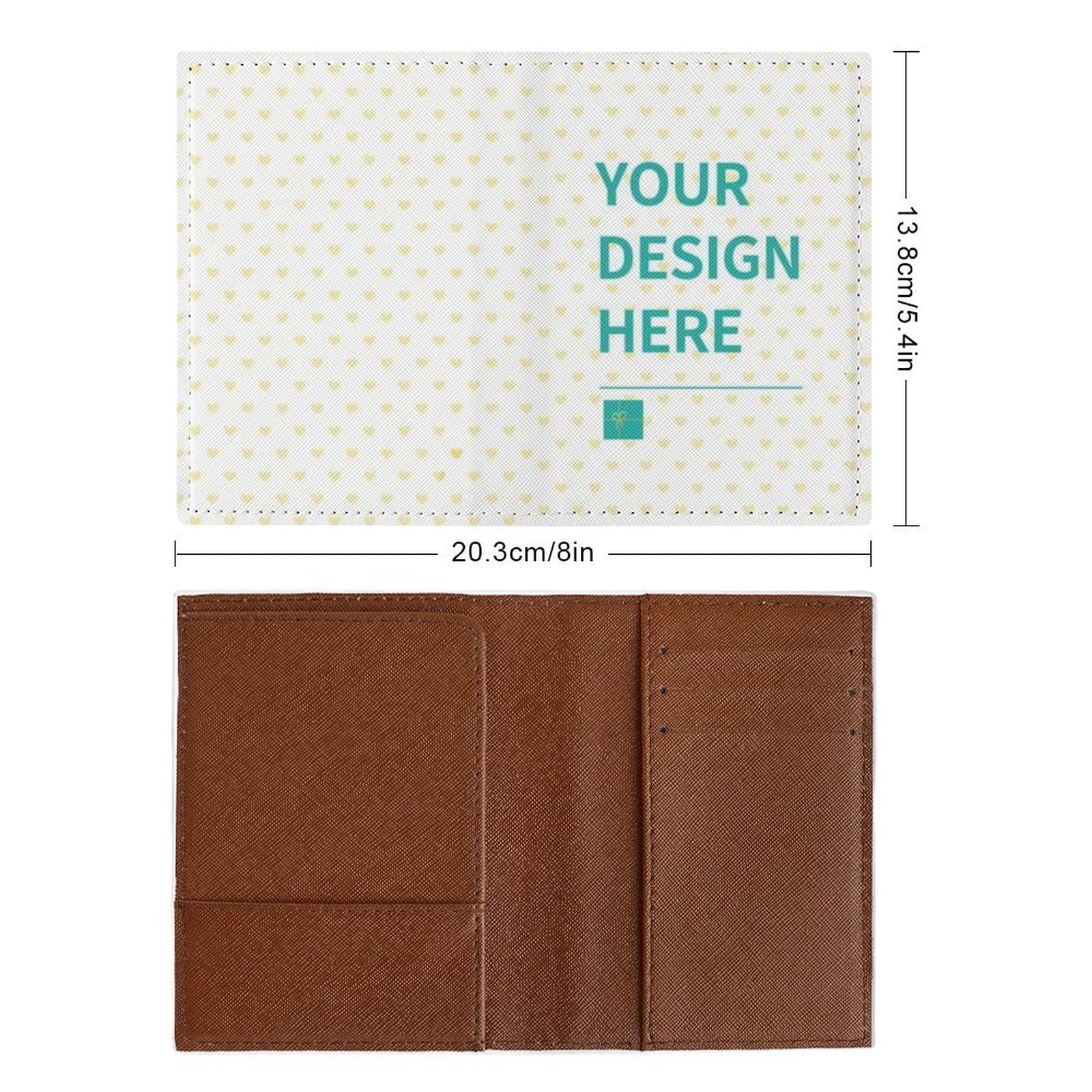 Customizable passport holder with "Your Design Here" text. PU material in brown and white.