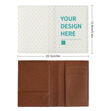 Customizable passport holder with "Your Design Here" text. PU material in brown and white.