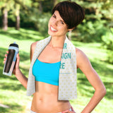 Custom quick-dry towel with 'YOUR DESIGN HERE' text, perfect for swimming, travel, and fitness.