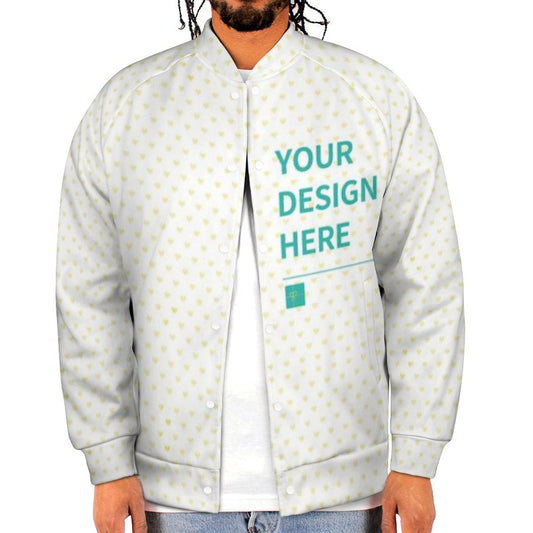 Personalized men's varsity jacket with heart design. Customizable baseball jacket, 'Your Design Here'.