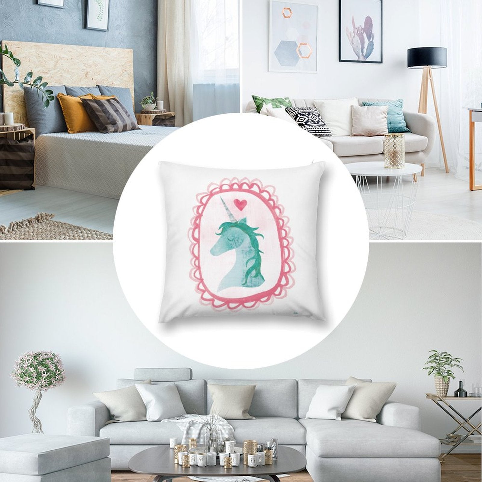 Unicorn throw pillow cover, watercolor design, soft plush material for sofa, couch, and living room decor.