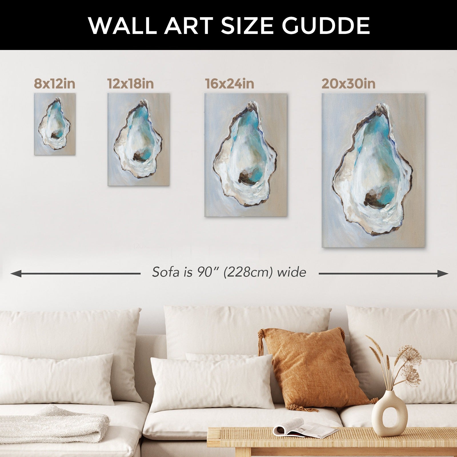 Oyster Modern Wall Art Canvas Painting size guide. Various sizes of blue oyster shell art prints for home decor.