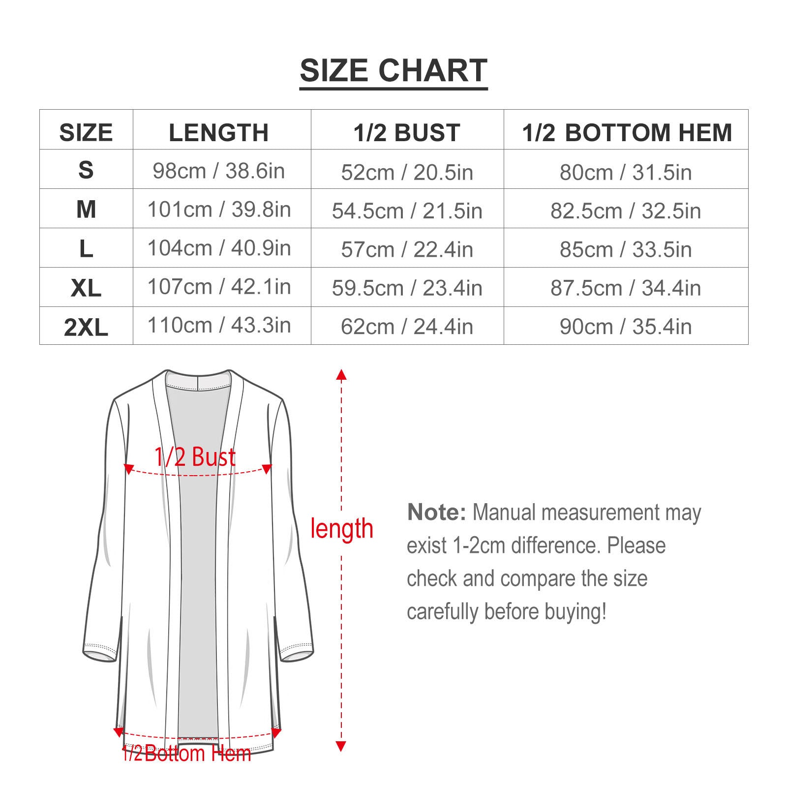 Open front cardigan size chart, measurements in cm/inches: bust, length, and bottom hem; women's outerwear guide.