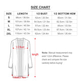 Open front cardigan size chart, measurements in cm/inches: bust, length, and bottom hem; women's outerwear guide.