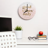 Pink MDF wall clock with "good vibes only" text, perfect for kitchen or office decor