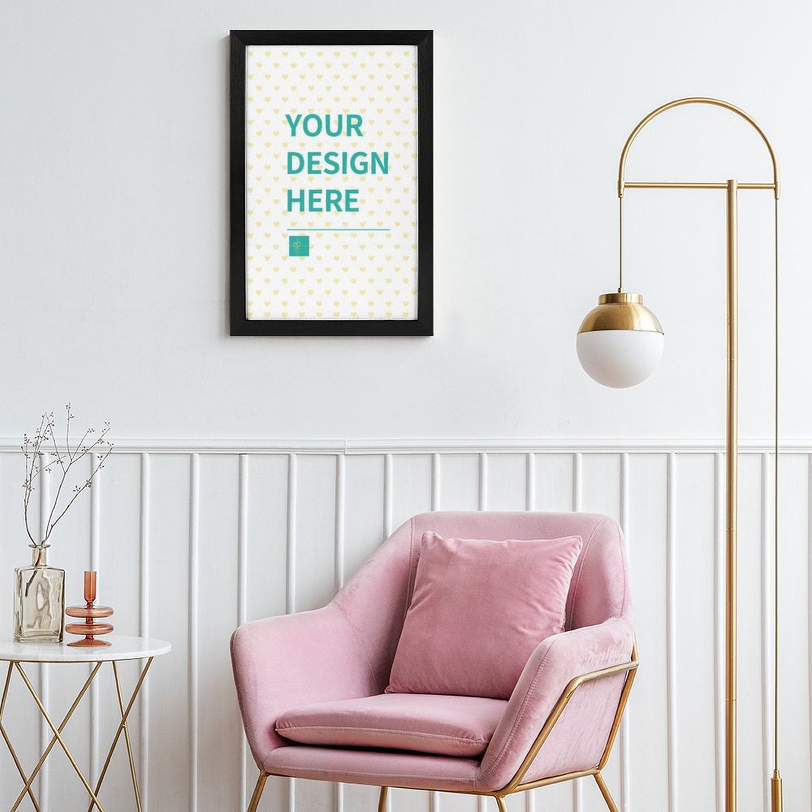 Personalized canvas print with "YOUR DESIGN HERE" text in a black frame, modern wall art for home decor.