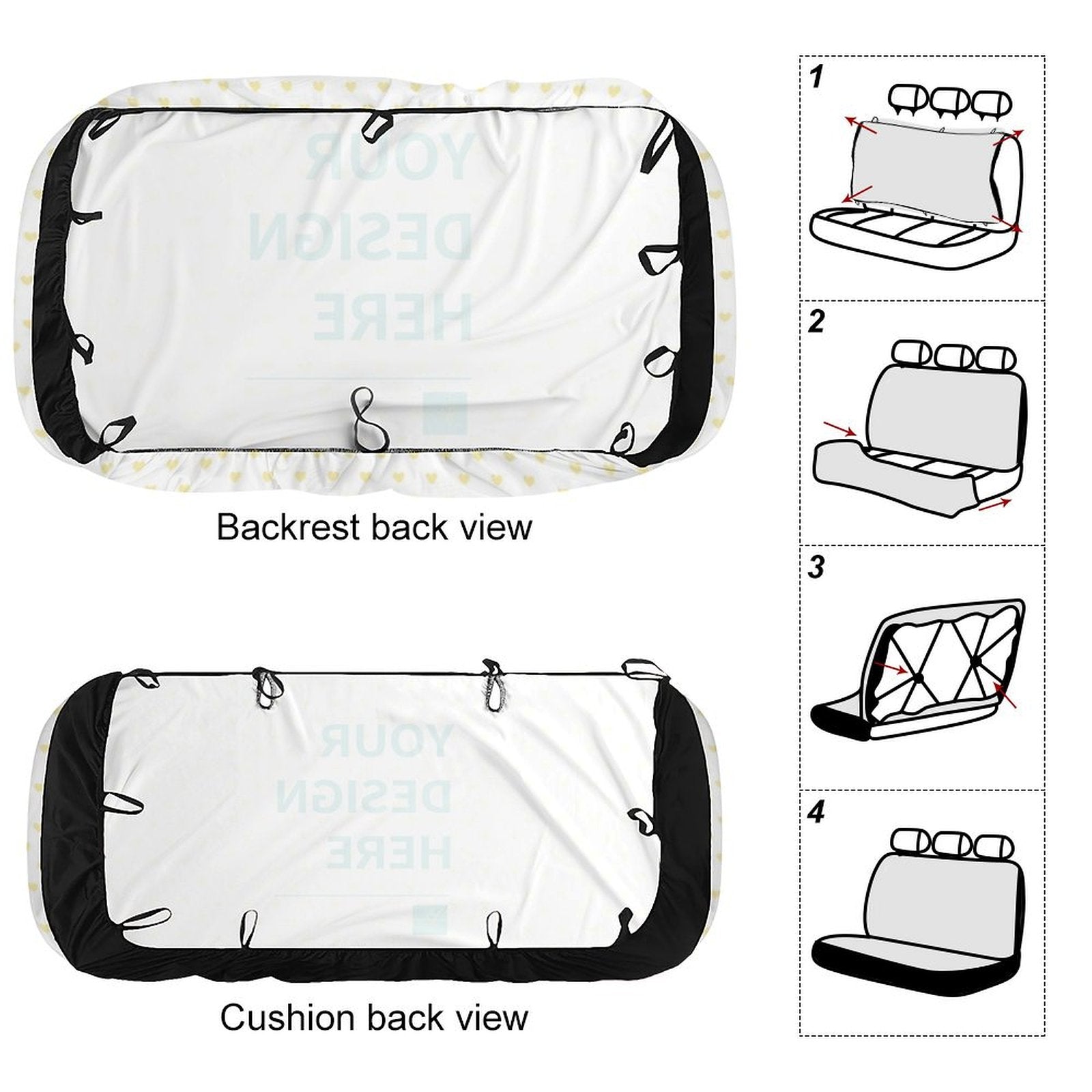 Customizable car seat cover showing backrest and cushion views with personalized design options for car SUV truck