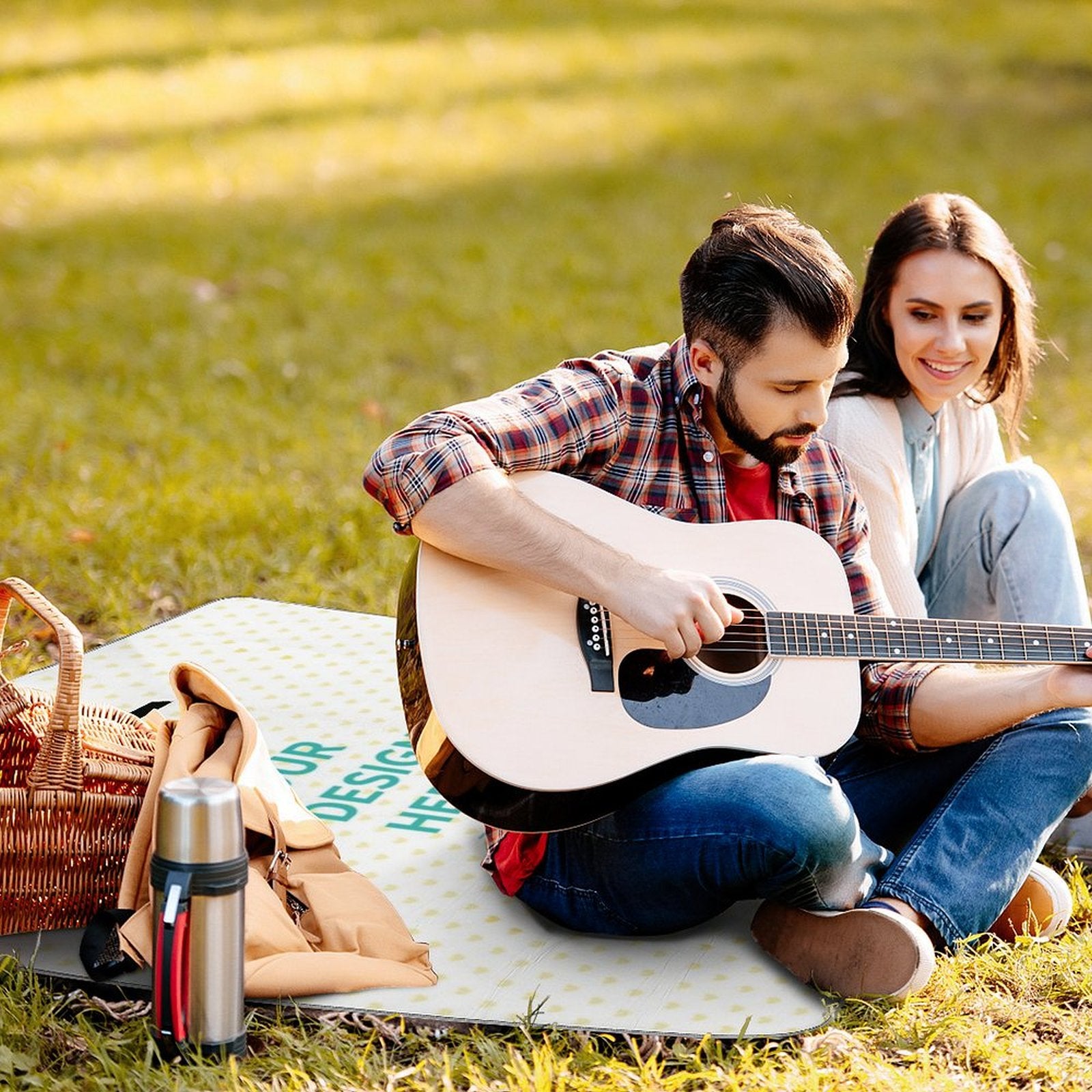 Personalized outdoor picnic blanket with couple, guitar, and picnic essentials, featuring 'YOUR DESIGN HERE' text.
