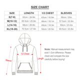 Kids hoodie size chart: measurements for custom design hoodies in sizes S-XL, with length, chest, and sleeve dimensions.