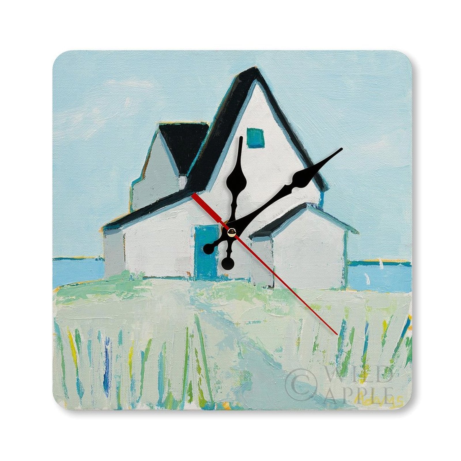 Square wooden wall clock with coastal cottage art, perfect home decor. Silent sweeping movement.