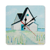 Square wooden wall clock with coastal cottage art, perfect home decor. Silent sweeping movement.