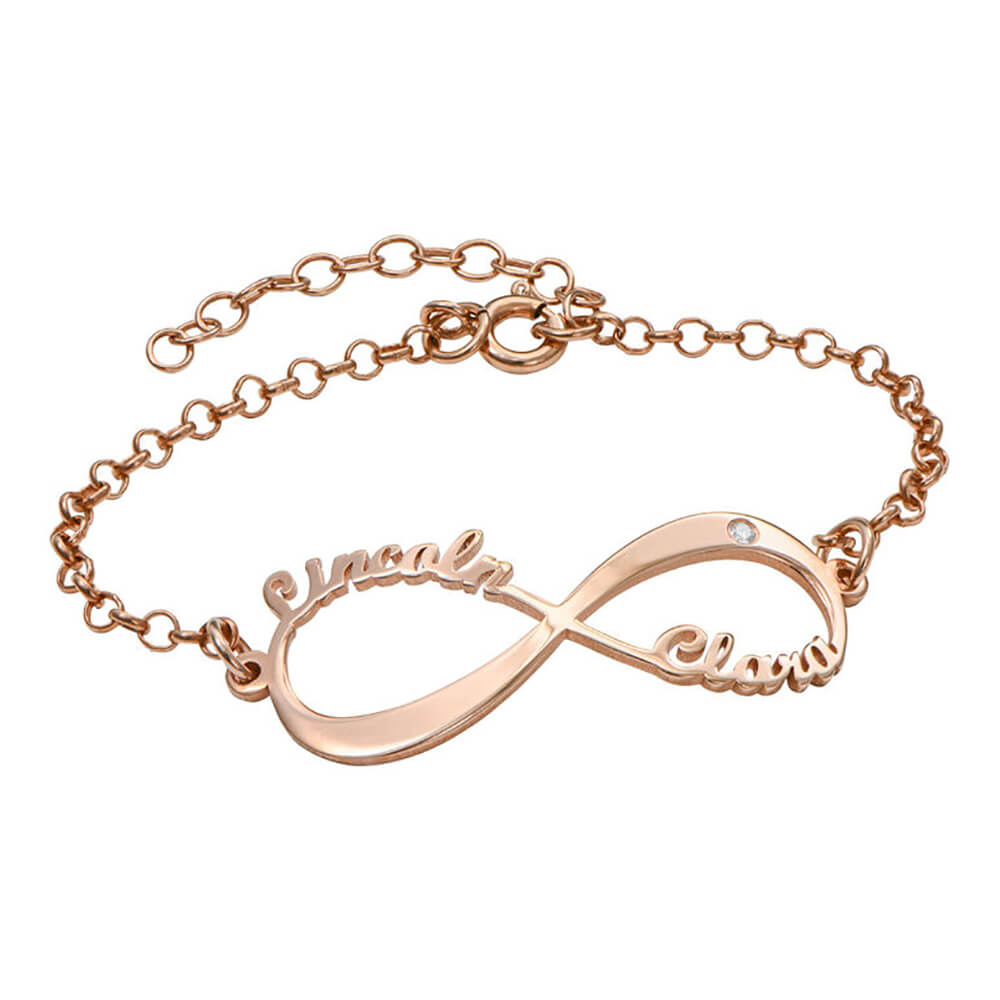Rose gold personalized infinity bracelet with names Lincoln and Clara, custom name jewelry gift