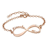 Rose gold personalized infinity bracelet with names Lincoln and Clara, custom name jewelry gift