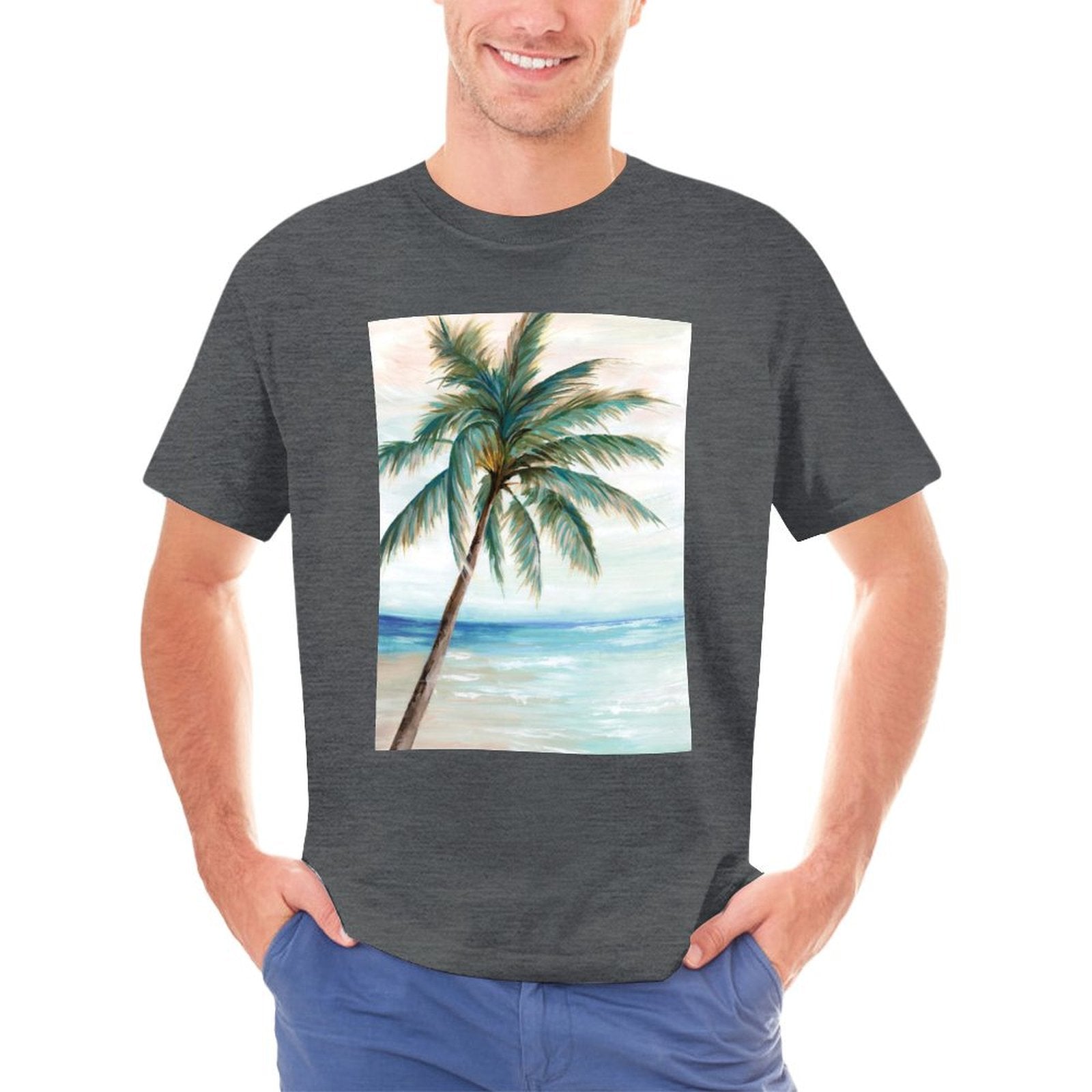 Men's charcoal cotton crew neck graphic t-shirt with palm tree art print for casual wear