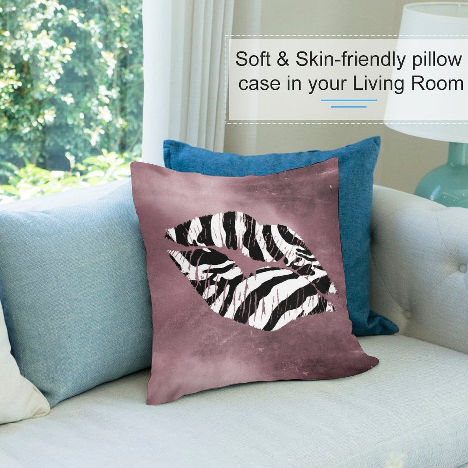 Dusty rose throw pillow cover with zebra lip design. Soft, skin-friendly material for sofa or living room decoration
