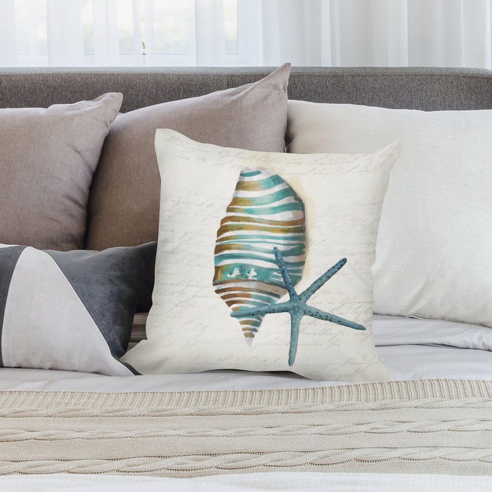 Plush pillow cover with seashell and starfish design, perfect for living room decor