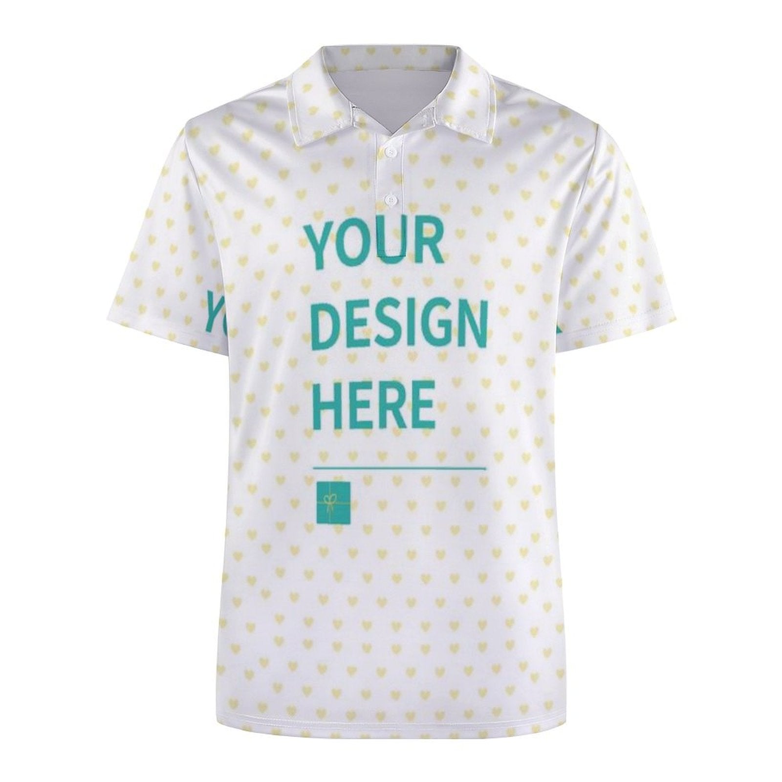 Customizable white women's polo shirt with heart pattern, text 'YOUR DESIGN HERE', business casual top