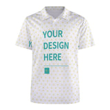 Customizable white women's polo shirt with heart pattern, text 'YOUR DESIGN HERE', business casual top