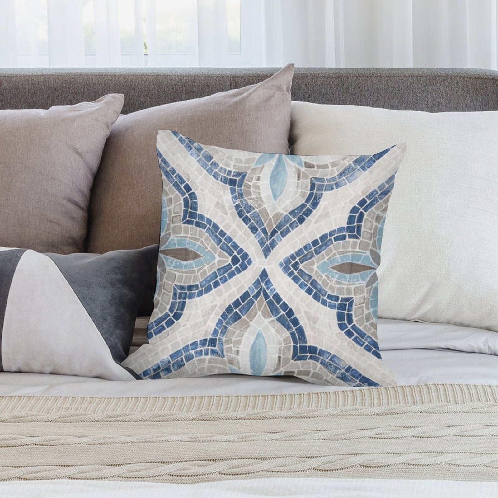 Mosaic throw pillow cover in blue, gray, white. Soft, fluffy cushion for sofa, couch and living room decor.