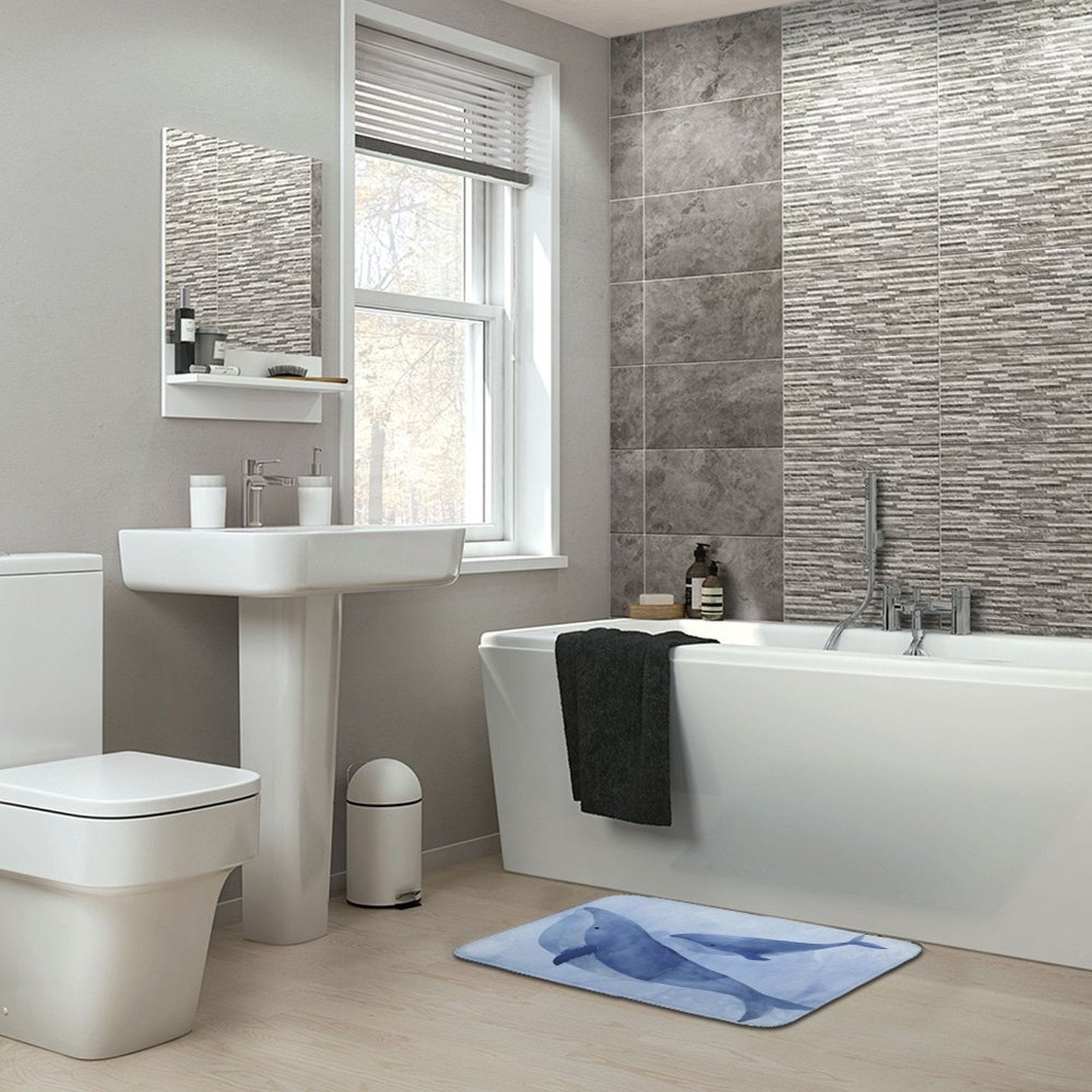 Coral velvet whale bath rug in a modern bathroom, non-slip, perfect for bathroom or kitchen decor