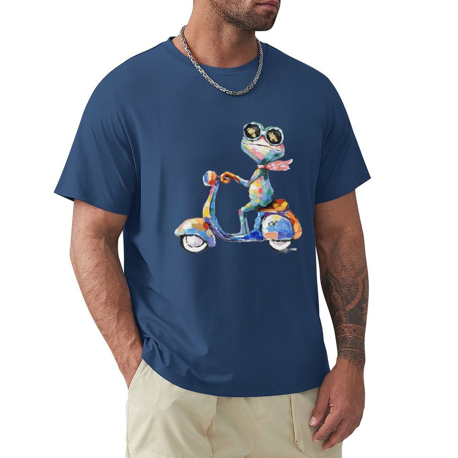 Men's blue short sleeve frog on scooter t-shirt. Classic Tees for Men, comfortable fit.