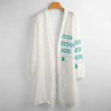 Customizable white open front cardigan with heart pattern, featuring 'YOUR DESIGN HERE' text