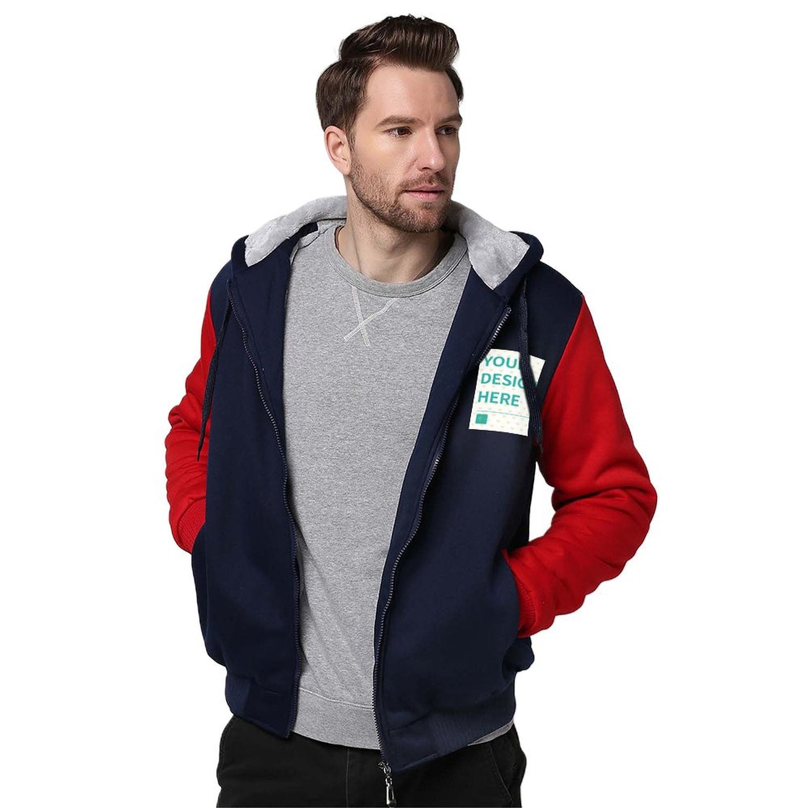 Custom men's hoodie with "YOUR DESIGN HERE" design, navy blue with red sleeves, polyester material