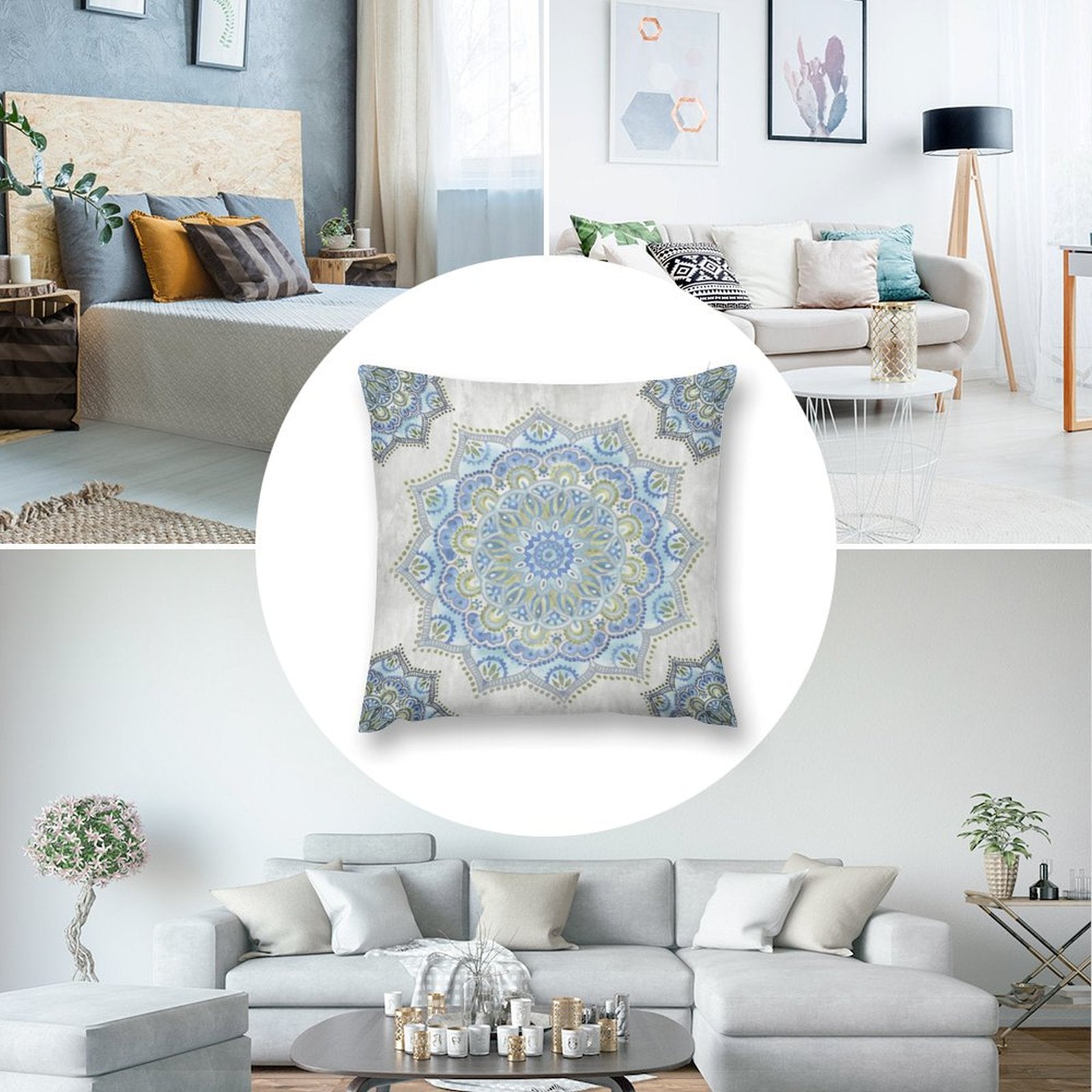 Square throw pillow cover with blue mandala design. Soft plush cushion cover for home decor.