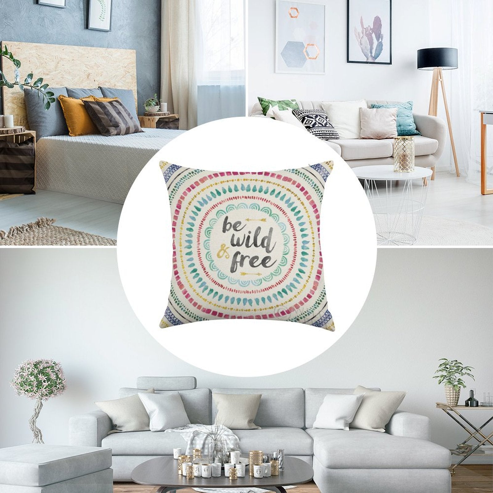 Linen throw pillow case with "be wild & free" text and mandala design, home decor item for living room