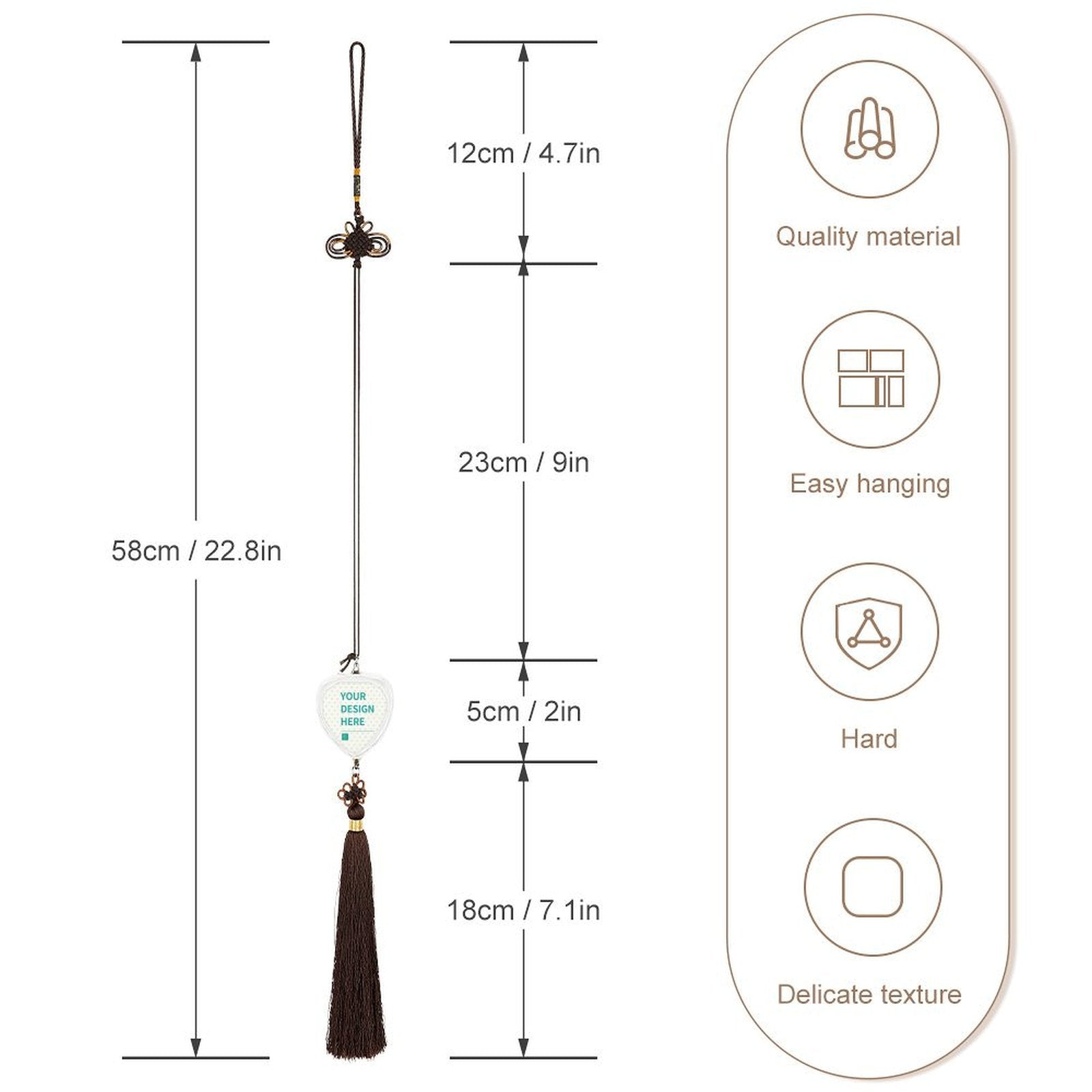 Personalized crystal car pendant with custom design area, Chinese knot, and tassel. Easy hanging and quality material.