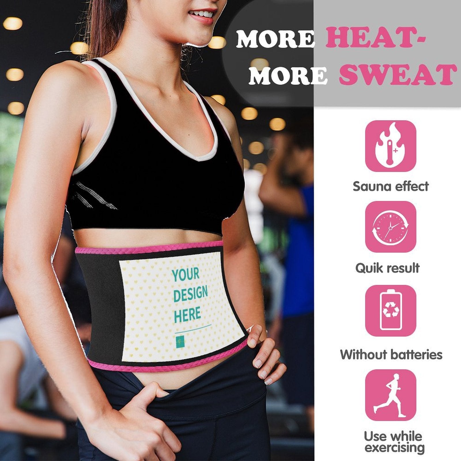 Custom waist trimmer for women, personalized workout belt, sauna effect, quick results, exercise aid, featuring your design.