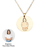 Custom gold photo necklace with engraved image and 'Buddy' text. Personalized memorial keepsake jewelry.