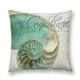 Teal and tan nautilus shell design plush pillow cover, "Coquillage" script, soft and decorative