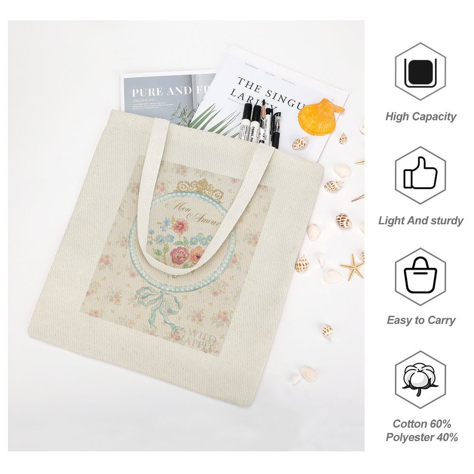 Personalized canvas tote bag for women, cotton blend, floral 'Mon Amour' design, shopping bag