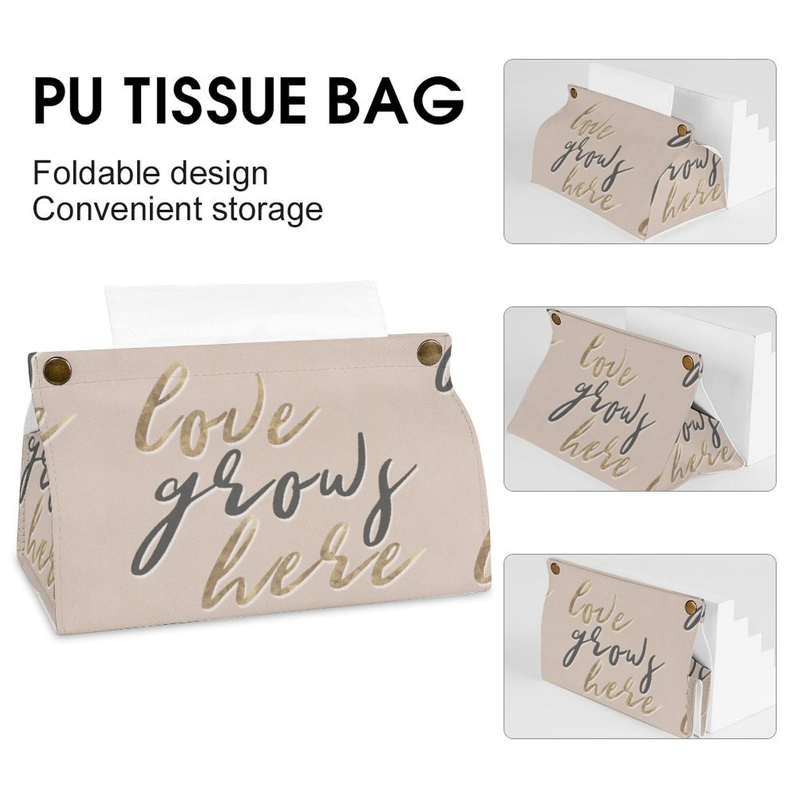 PU tissue box cover, beige with 'Love Grows Here' design, ideal for bathroom, office or home decor.
