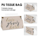 PU tissue box cover, beige with 'Love Grows Here' design, ideal for bathroom, office or home decor.