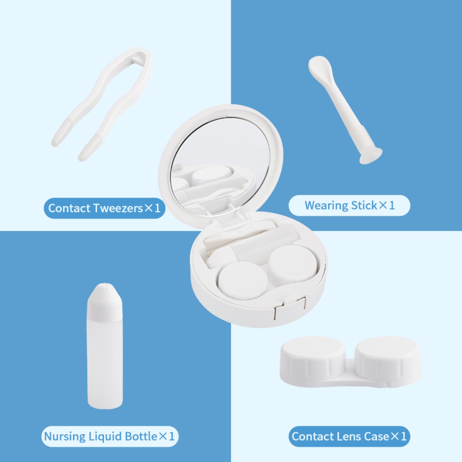 White contact lens case with mirror, accessories, perfect for travel. Includes tweezers, solution bottle, contact case.