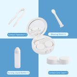 White contact lens case with mirror, accessories, perfect for travel. Includes tweezers, solution bottle, contact case.