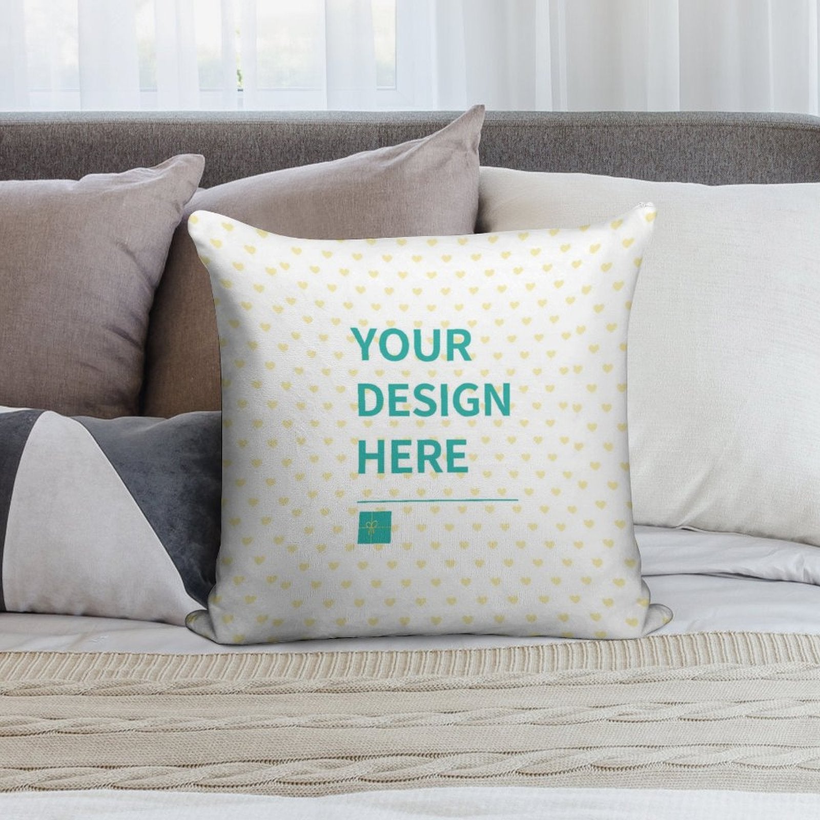 Customizable super soft throw pillow case with 'Your Design Here' design, perfect for living room decor.
