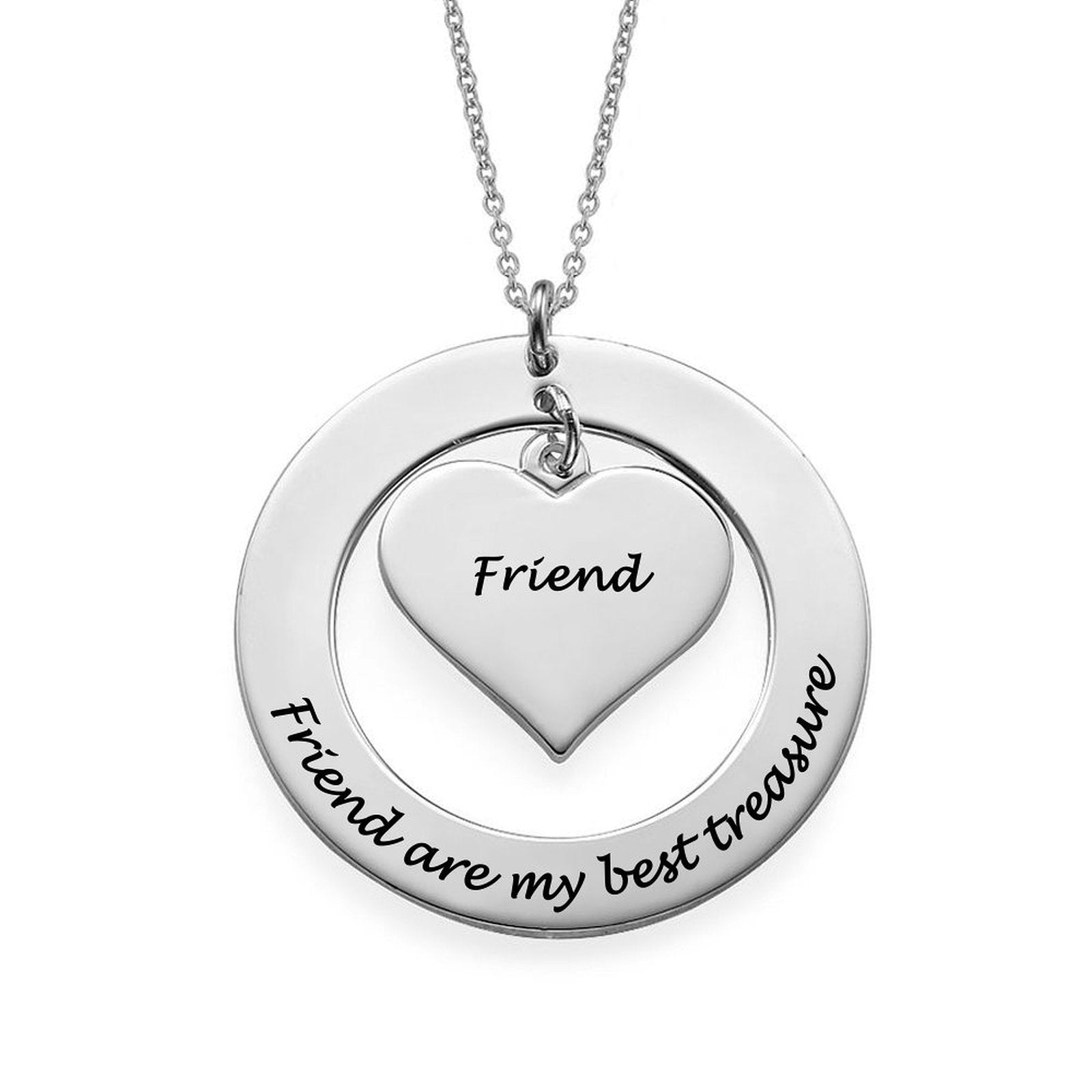 Personalized silver heart necklace, engraved with 'Friend' and 'best treasure'; custom gift for friends.